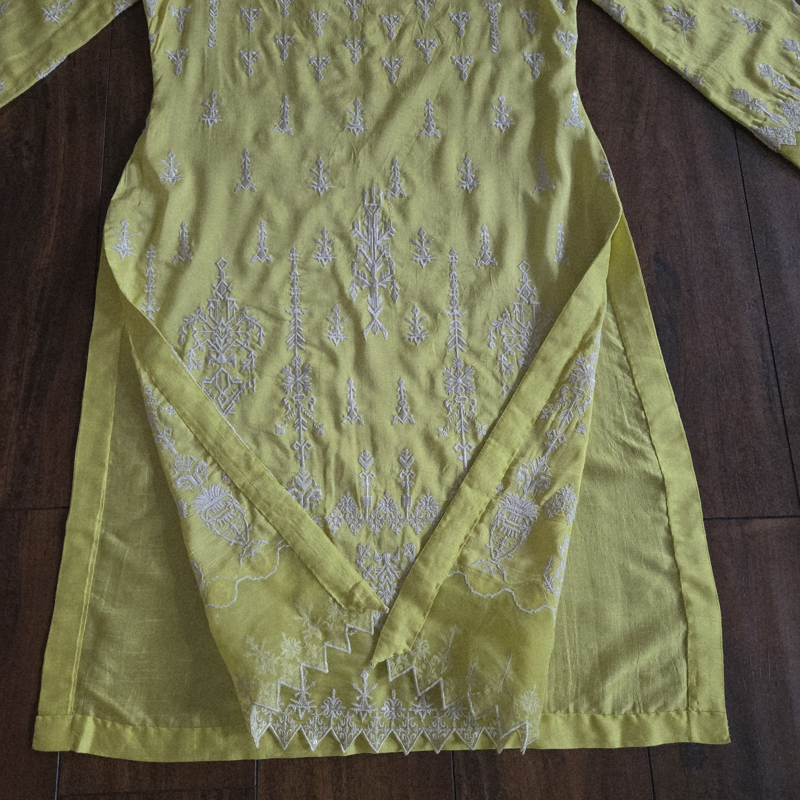 Embroidered Lime Yellow Top Shirt Long Kurti Cotton Silk Organza Size S/M