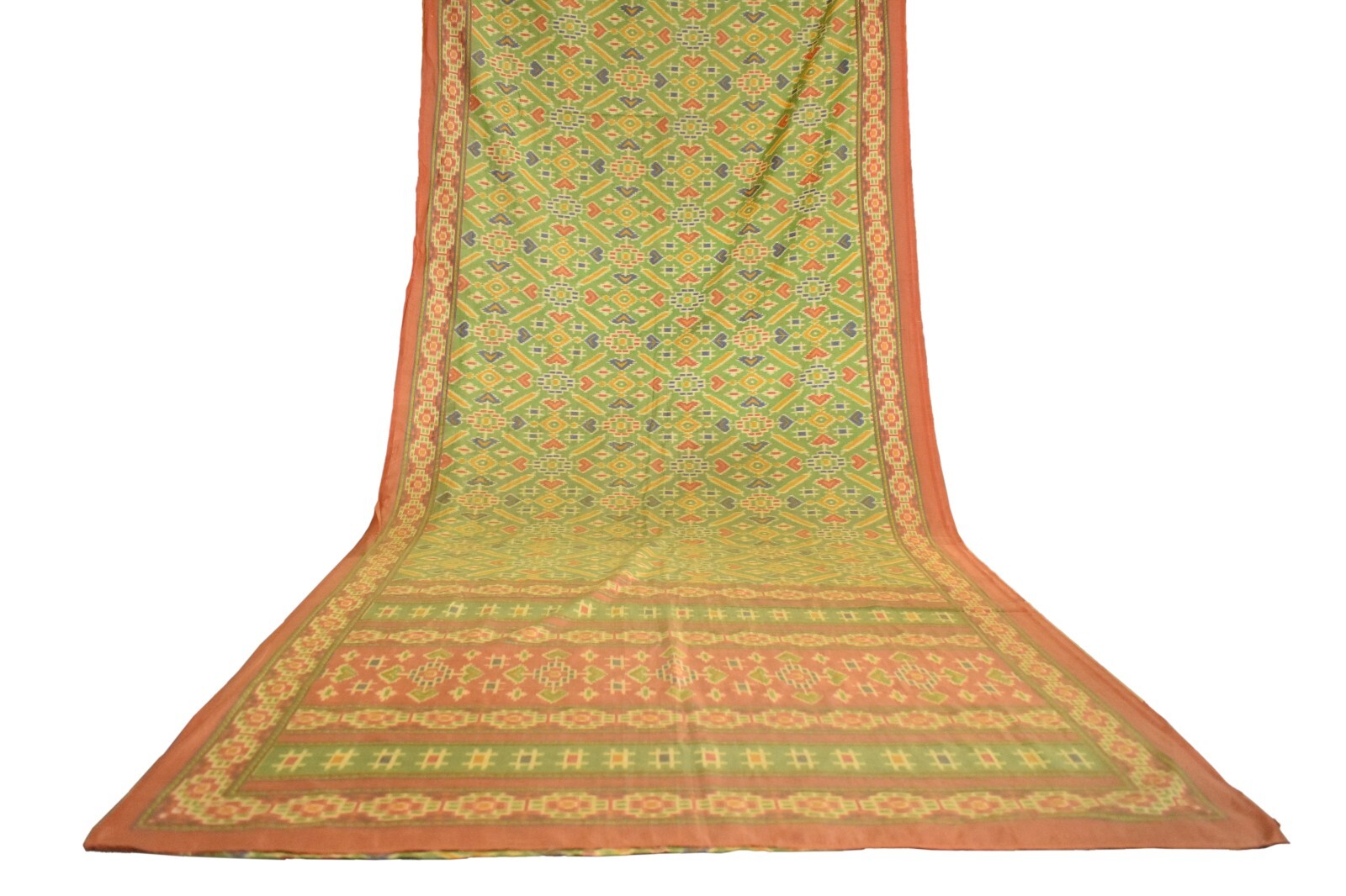 FNC Vintage Green Sambalpuri Ikat Sarees Handwoven Art Silk Sari Fabric Antique