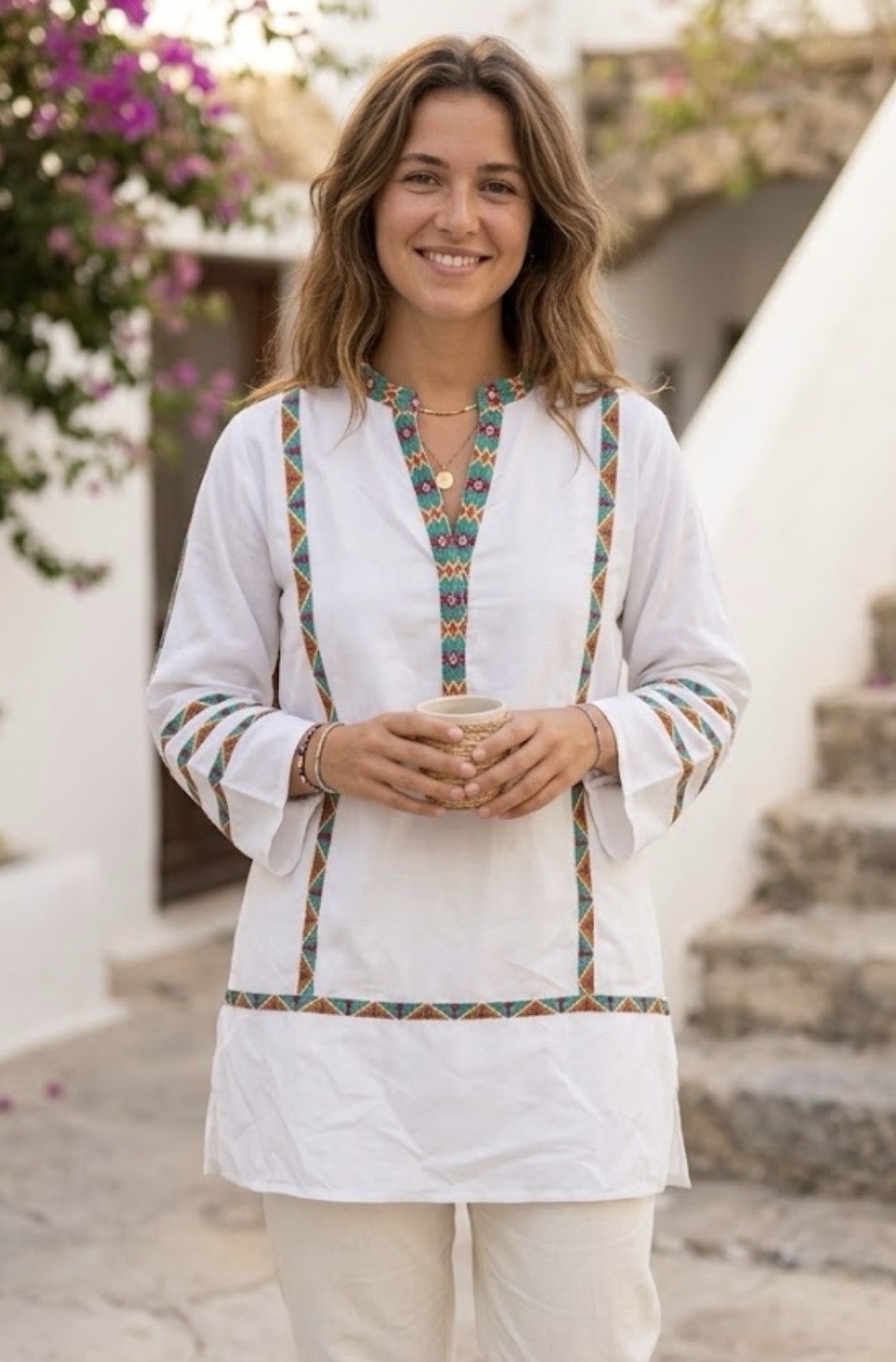 Khaadi White Embroidered V-Neck Tunic with Geometric Multi-Color Trim size 14