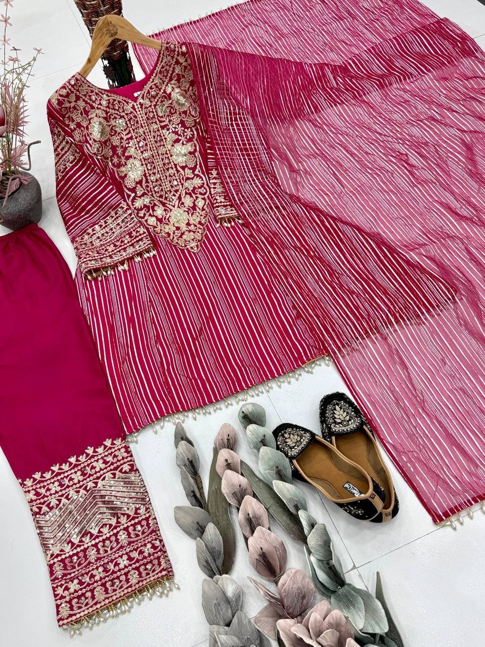 New Designer Nylon Pink Top Palazzo With Dupatta For Women Party Wear