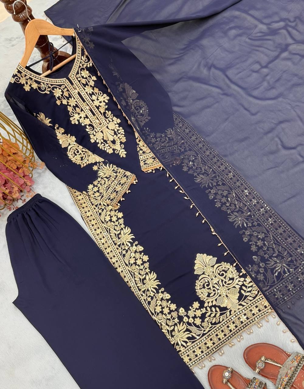 New Designer Faux Georgette Blue Top Palazzo With Dupatta For Functional Wear