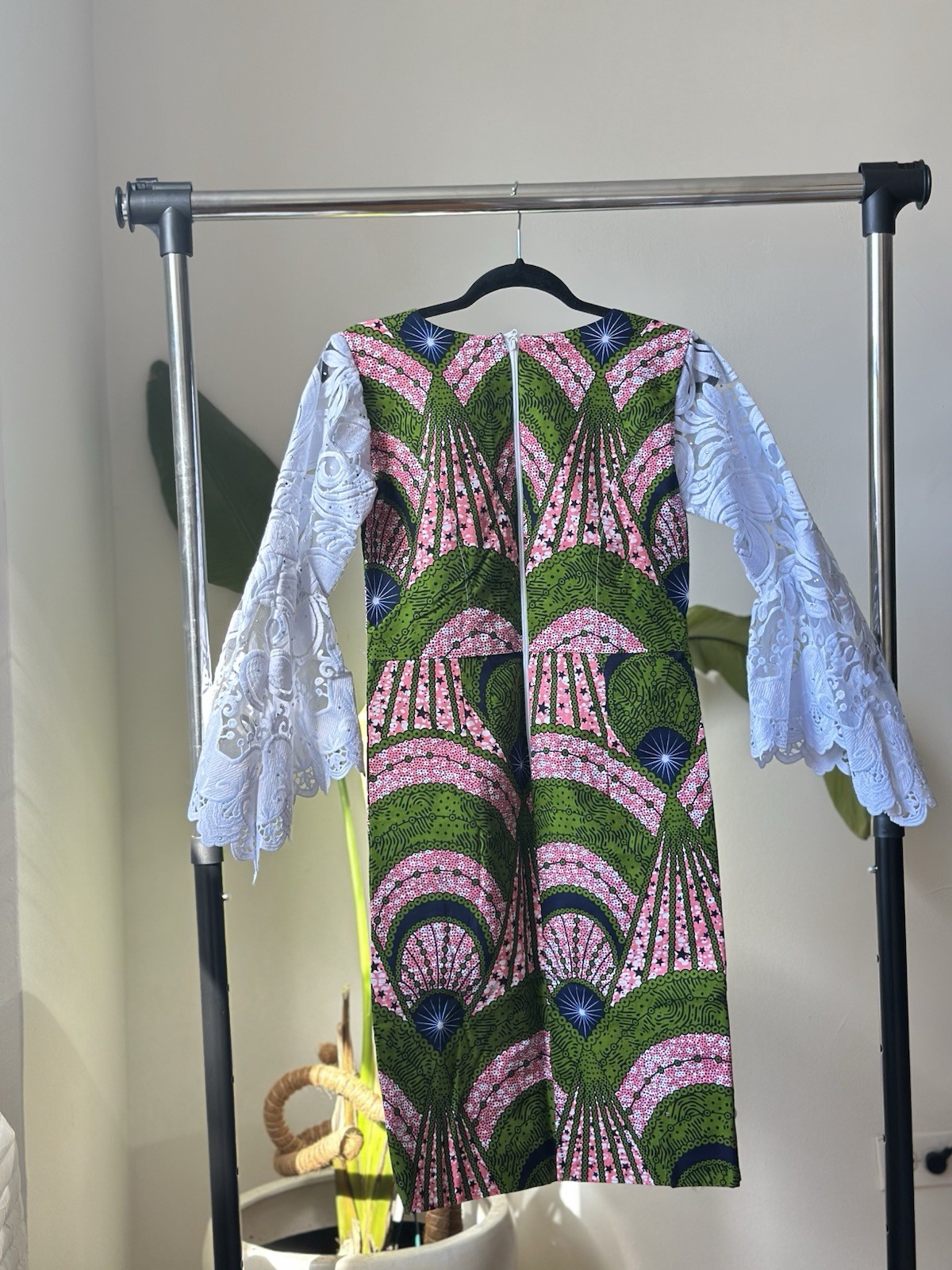 Handmade African Kaftan Dress with White Lace Sleeves Multi-Color for Women M