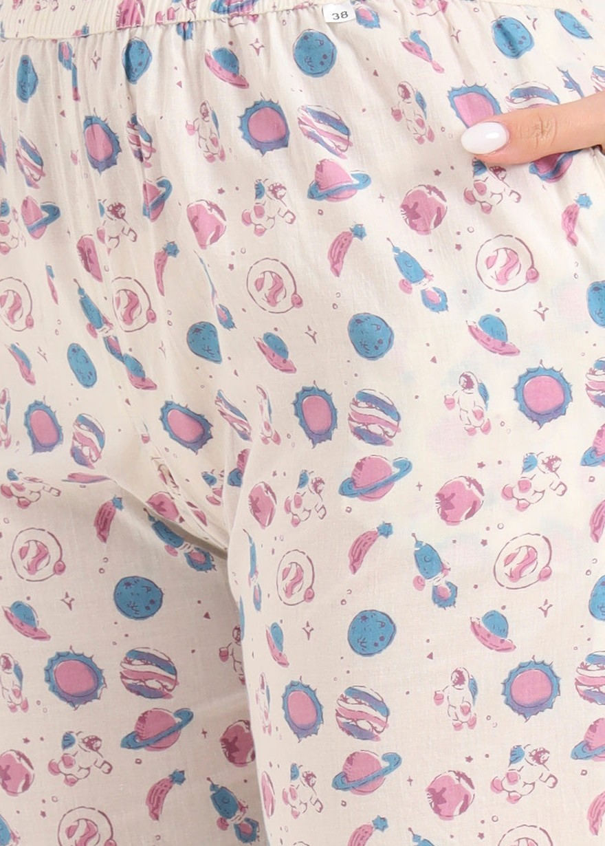White Printed Cotton Night Suit Set for Women Soft Breathable Sleepwear