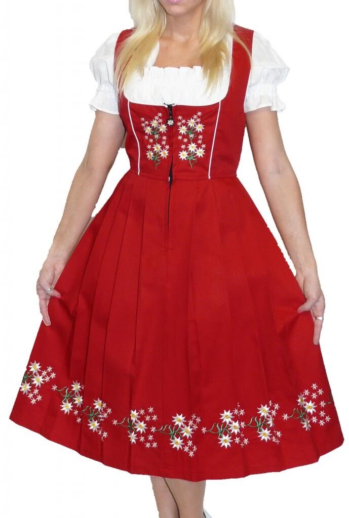 XS 2 Red German Dirndl Long Dress EMBROIDERED Cotton Oktoberfest Waitress 3PcSet