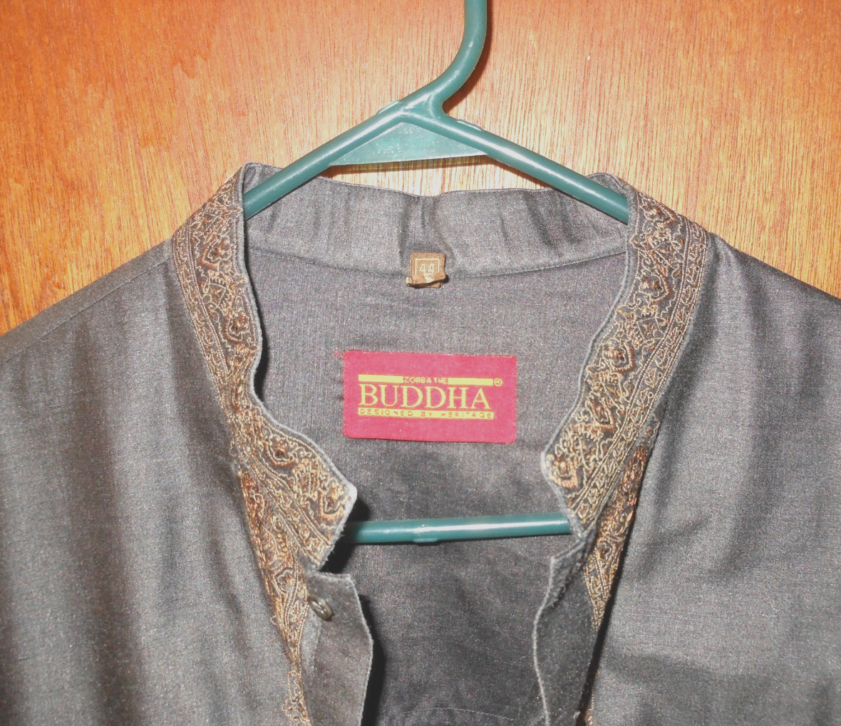 Men’s Embroidered BUDDHA Tunic Charcoal Gold Formal Ethnic Size 44 Long Sleeve