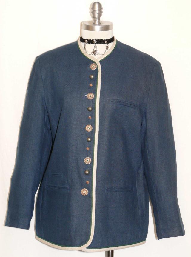 BLUE LINEN JACKET Women German Hunting SPORT Summer Dress Coat 42 12 14 L B44″