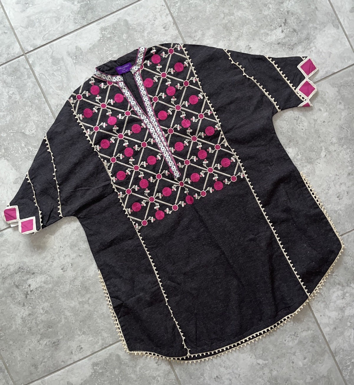 SANA SAFINAZ Geometric Embroidered Cotton Kurti Tunic Shirt Dress NEW Gray L