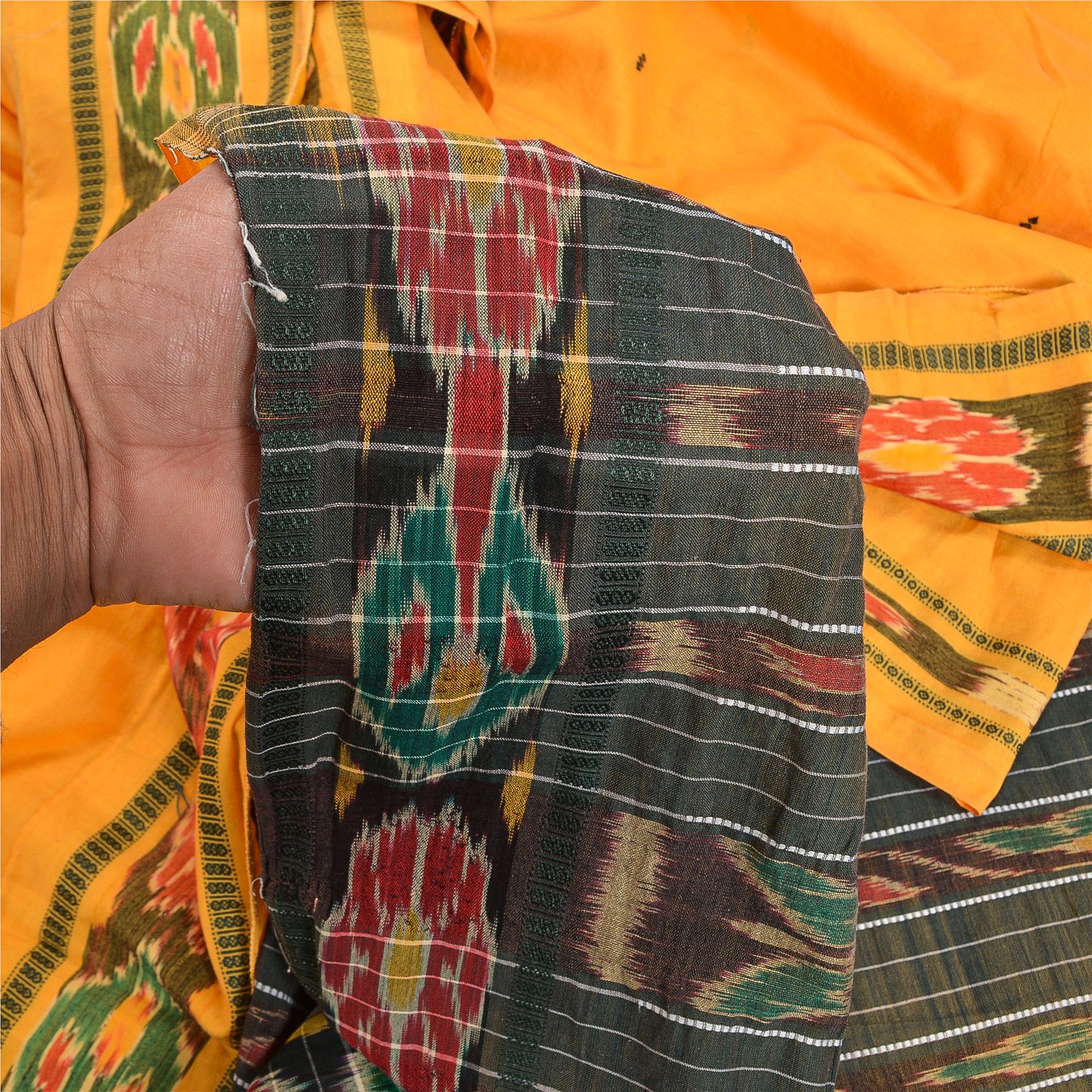 Sanskriti Vintage Yellow Ikat Hand Woven Sarees Blend Cotton Sari Craft Fabric