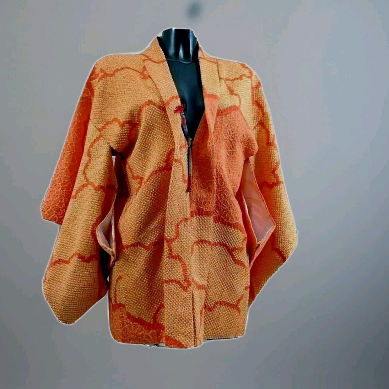 Vintage Original Japanese KIMONOJacket Pure Silk Embossed Orange/Pale Orange S-M