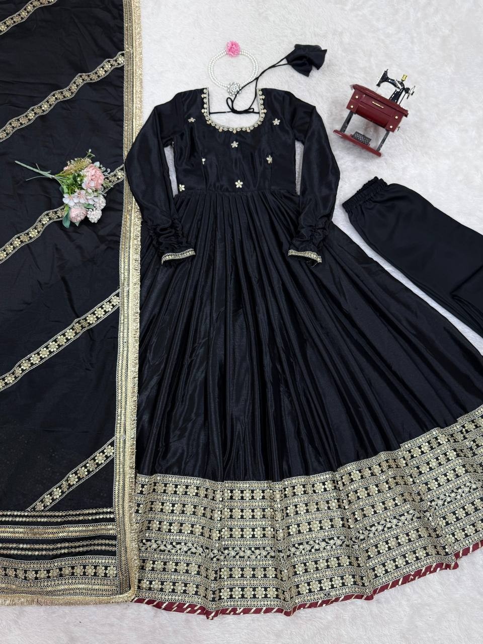 Beautiful Chinon Silk Black Gown Bottom With Fancy Dupatta For Reception Wear