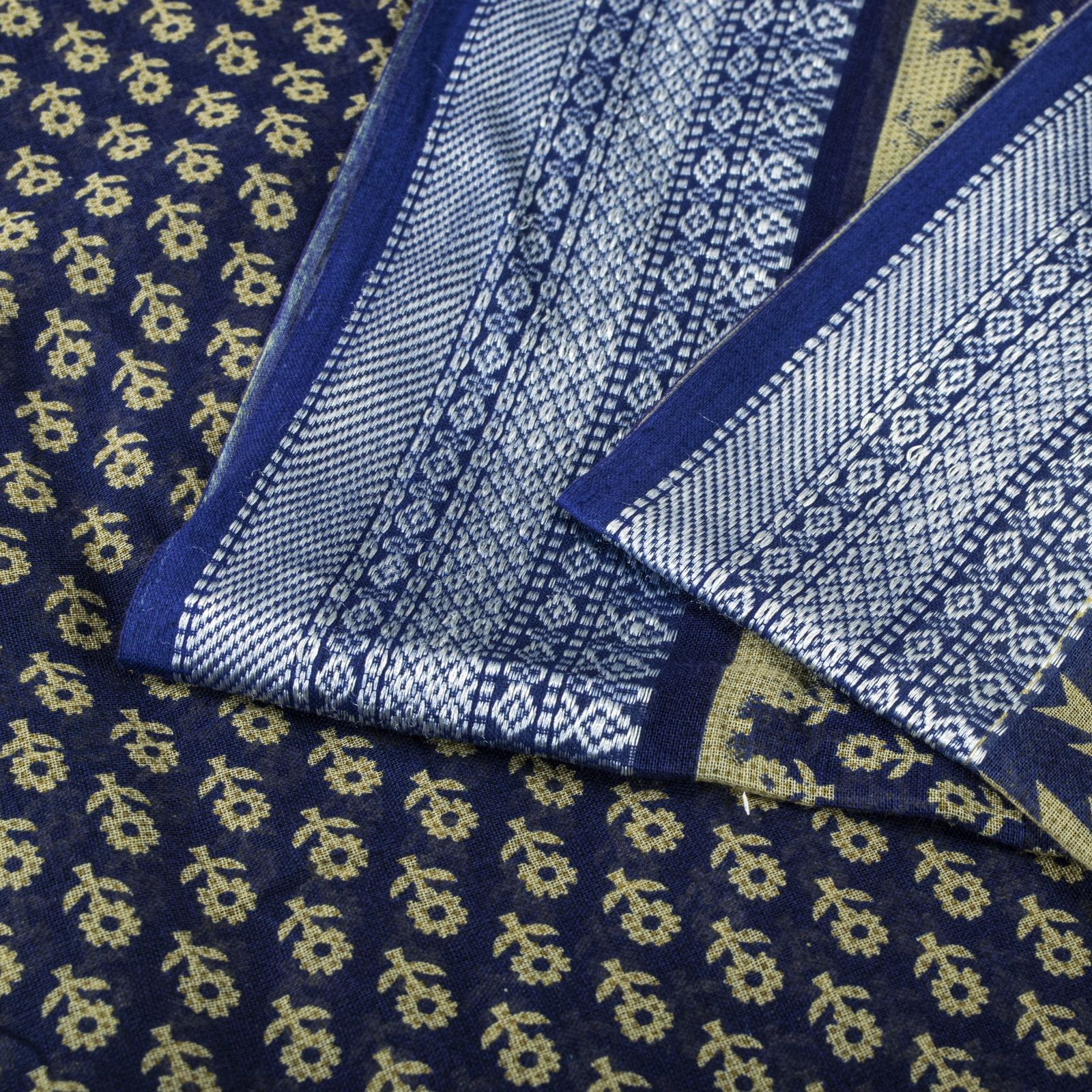 Sanskriti Vintage Saree Blue Pure Cotton Floral Printed Sari 5.5+Yd Craft Fabric