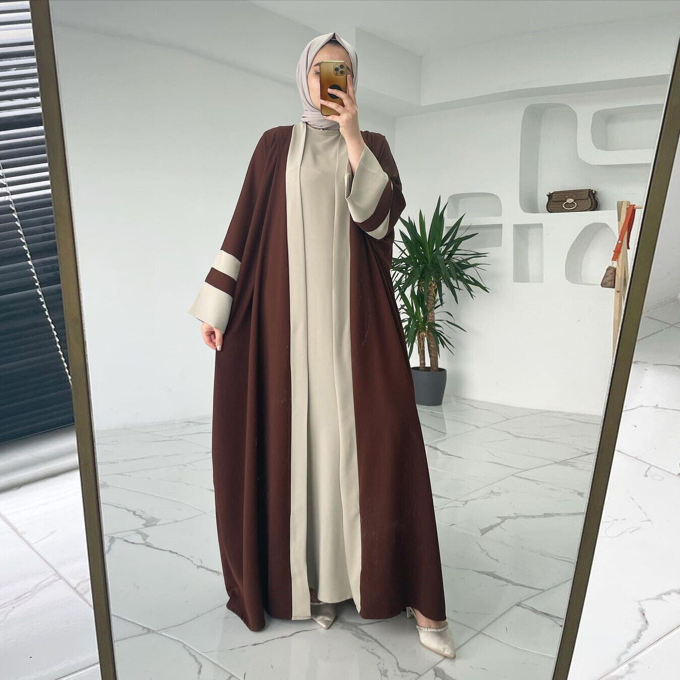 Arab Islmaic Robe Muslim Women Cardigan Dubai Abaya Shift Dress 2 Pieces Set