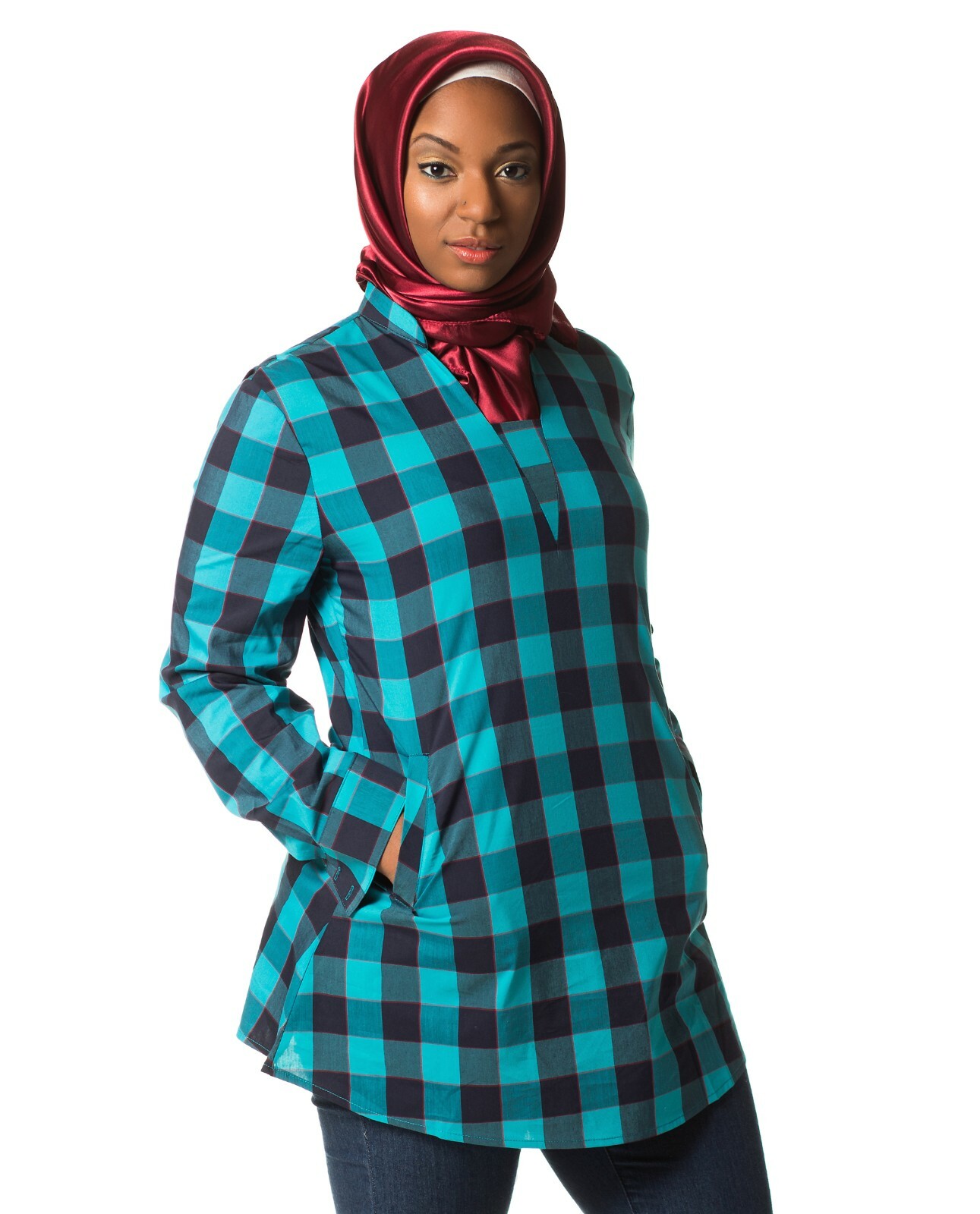 Ummah Couture Plaid Top w/ Pockets Modest Muslim Hijab Fashion Long Sleeve Shirt