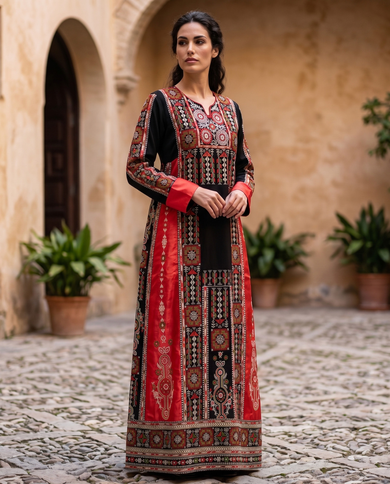 Palestinian Tatreez Thobe – Red Satin Panel & Embroidered Maxi Dress – Abaya
