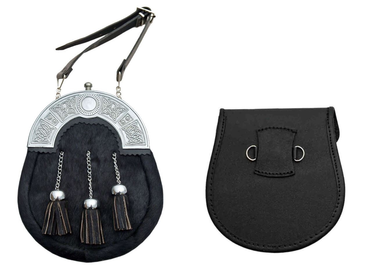 Emboassed Celtic Knot Silver Plate 3 Tassel Black Leather Pouch | Sporran