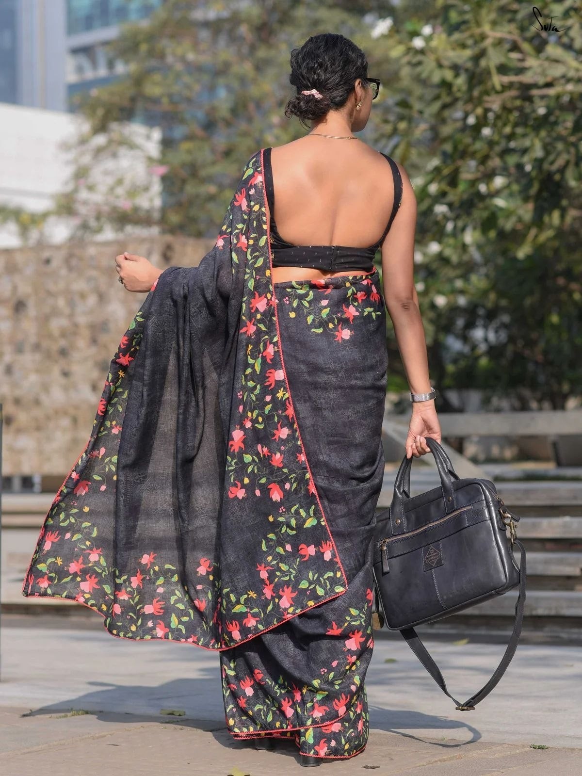 Indian Linen Saree Digital Floral Print Matching Blouse Soft Sari 4 Colors