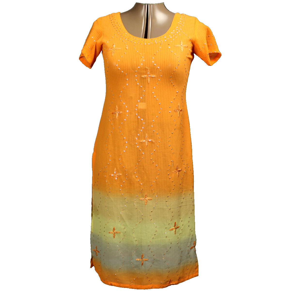 Kurta Floral Embroidered Sequined Short Sleeve Orange Ombre Youth S/M 33″ Chest