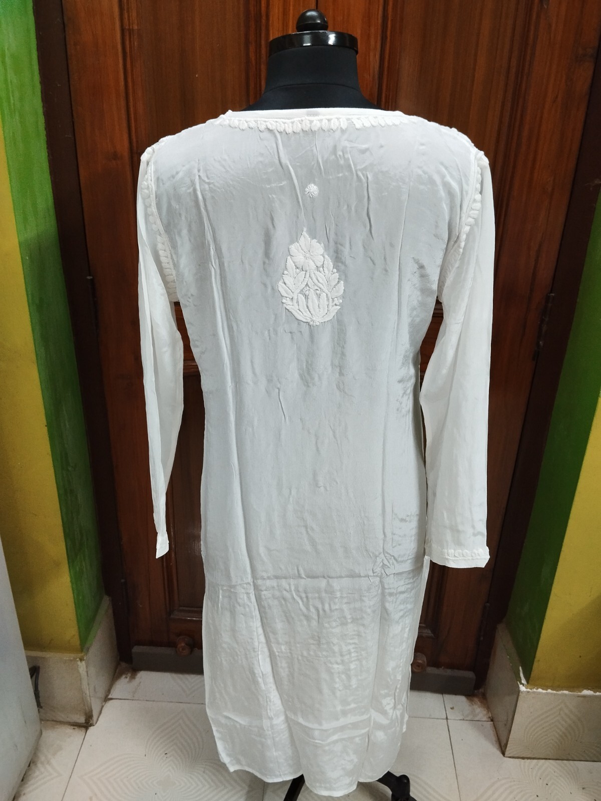 LONG PURE CREPE 3D CHIKAN EMBROIDERY S M L XL 2XL HANDMADE ETHNIC KURTA KURTI