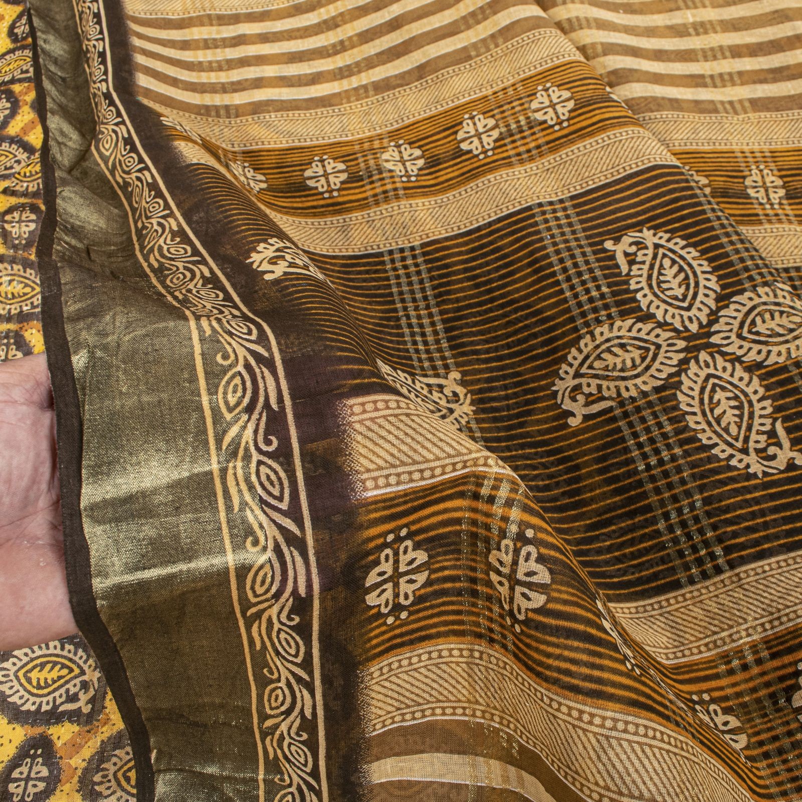 Sanskriti Vintage Saree Yellow Pure Cotton Paisley Kantha Print Sari 5+Yd Fabric