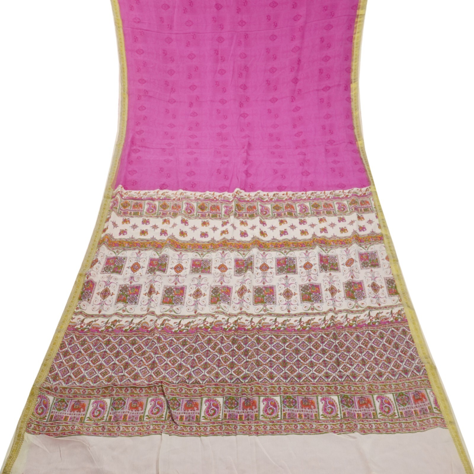 Vintage Pink Saree 100% Pure Crepe Silk Printed Zari Border Sari 5YD Soft Fabric