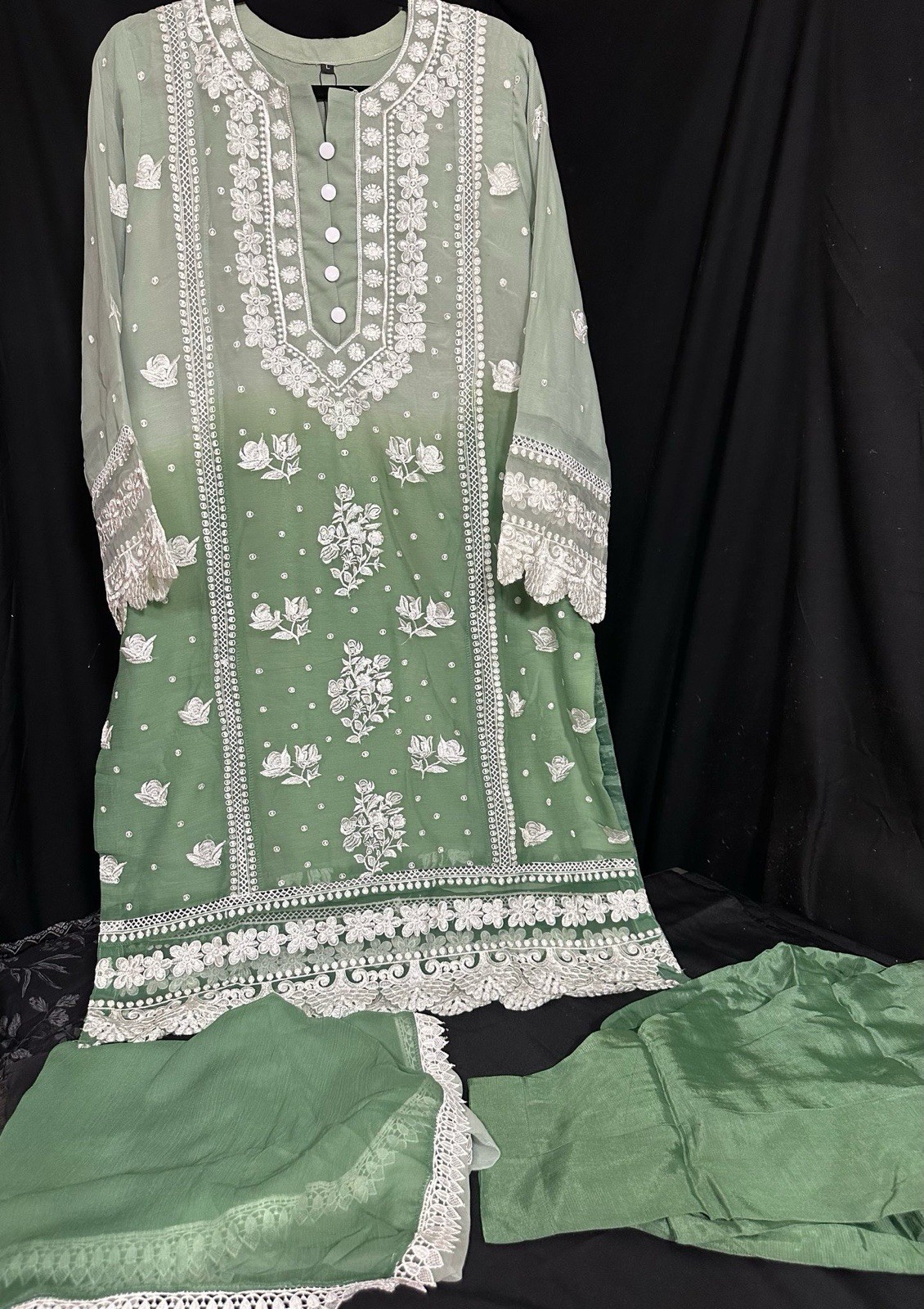 Beautiful Embroidered Chiffon 3 Pc Suit . Medium Size Available – $46 Sale