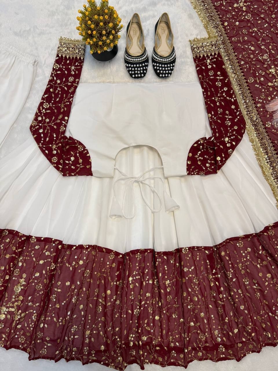 Bollywood Look Pure Faux Georgette White Gown Bottom With Dupatta For Festival