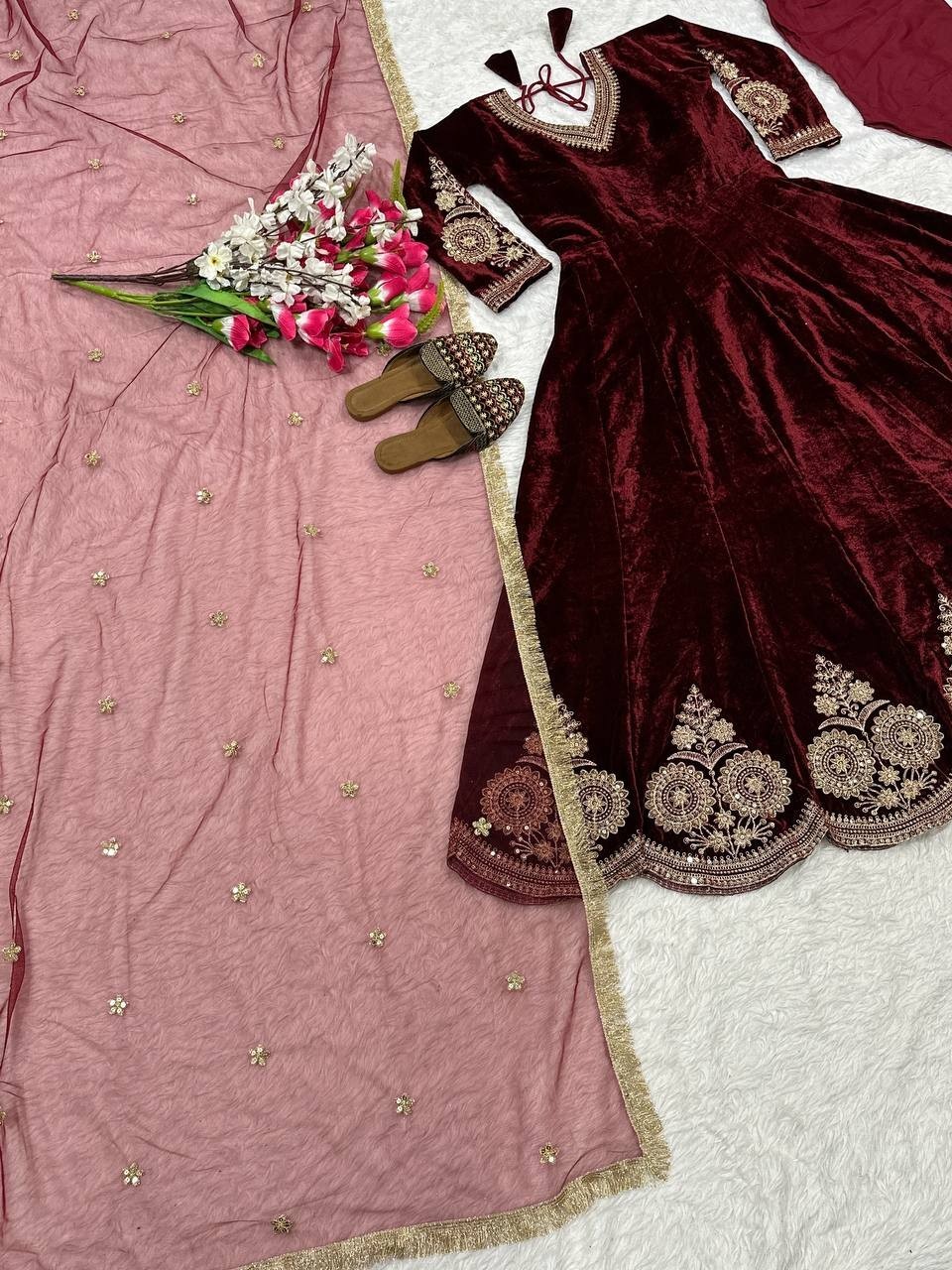 Beautiful Maroon Viscose Velvet Anarkali Suit With Net Dupatta For Wedding