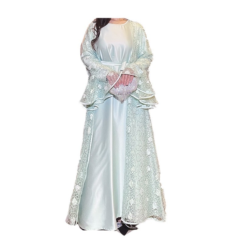 Muslim Women 2Pcs Lace Sequin Flared Sleeves Elegant and Dignified Banquet Robe