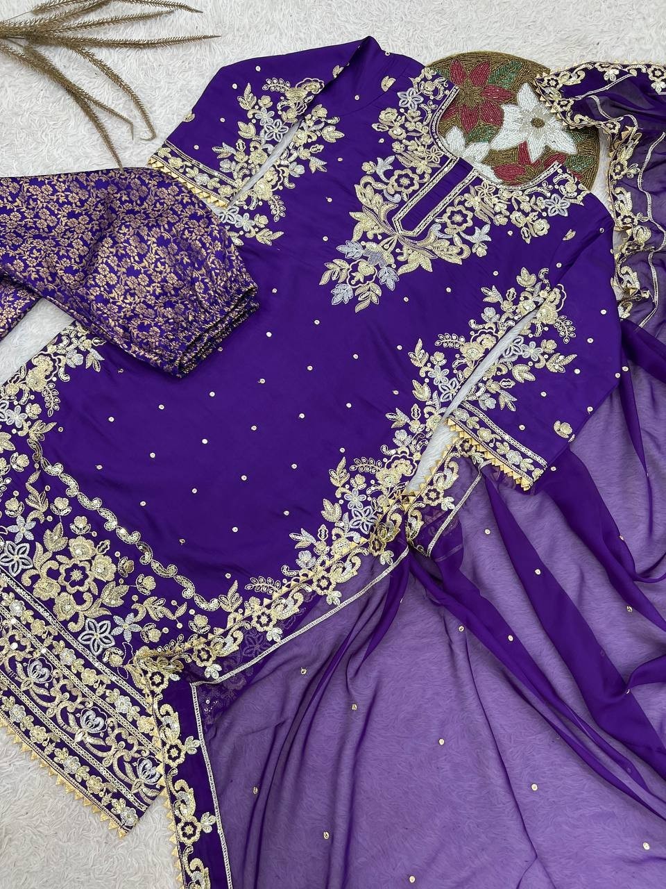 Presenting Heavy Roman Cotton Purple Top Palazzo With Dupatta Function Wear