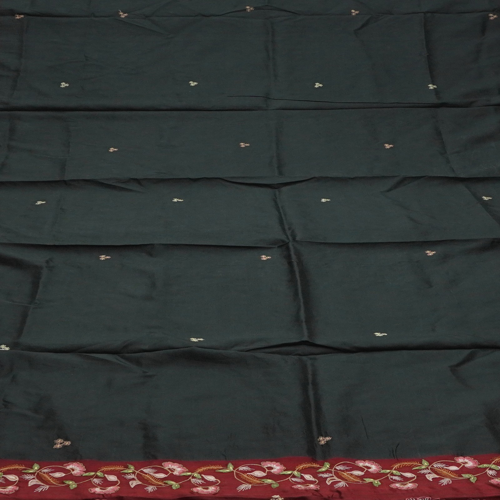 Vintage Black Saree 100% Pure Silk Hand Embroidered Floral Sari 5YD Craft Fabric