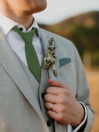 Skinny Ties for Men,Cotton Linen Neck Tie for Daily Dress,Weddings, Dark Green