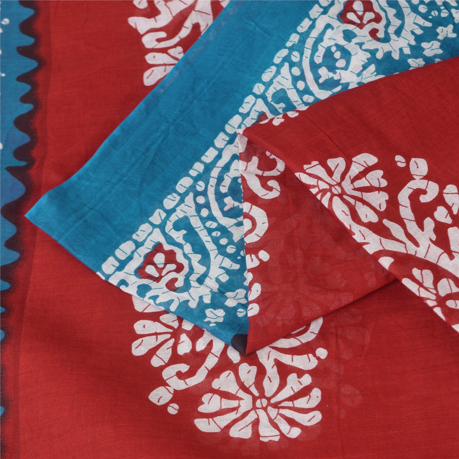 Sanskriti Vintage Sarees Indian Red Pure Cotton Batik Printed Sari 5+Yd Fabric