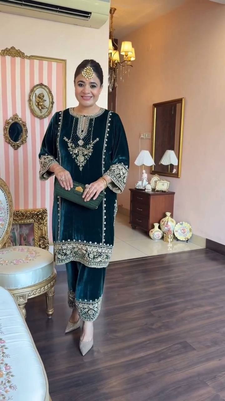 Stunning Look Velvet Teal Blue Palazzo Suit With Dupatta For Functional Wear