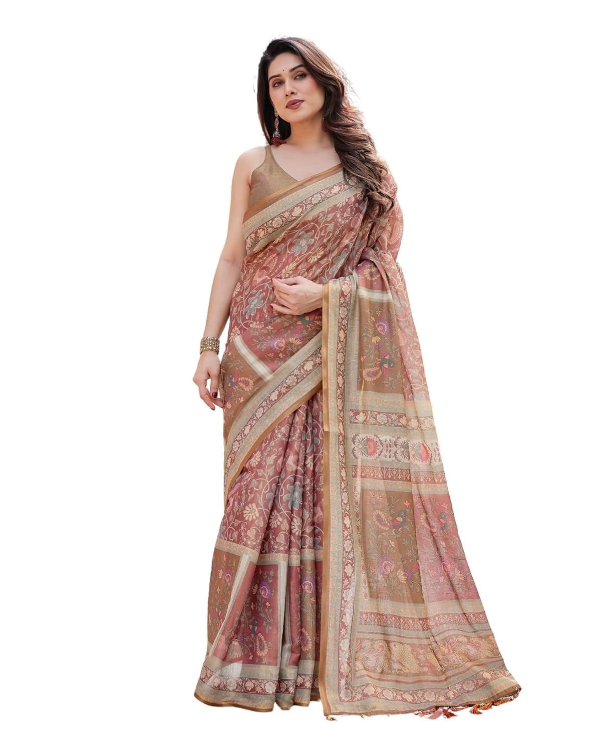 Handloom Cotton Floral Printed Saree with Tassels on Edges & Attached Blouse Pie