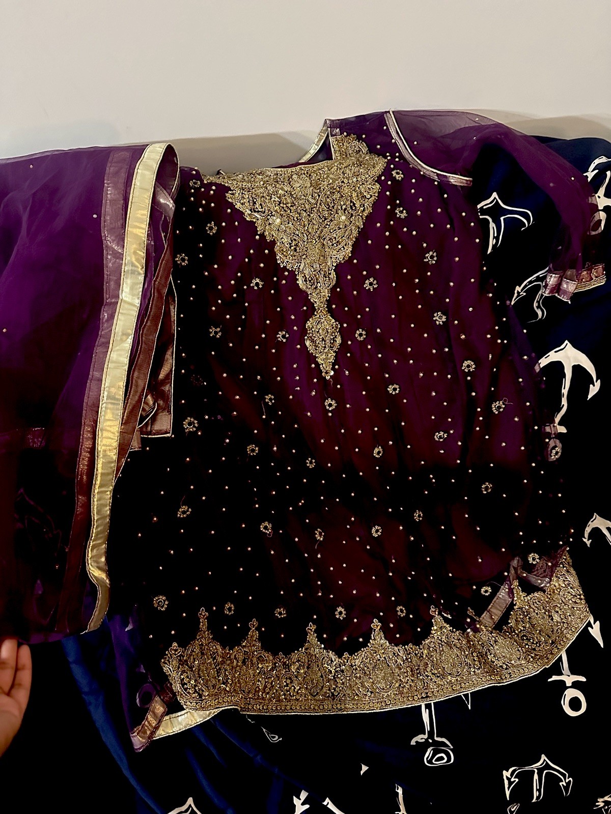 Purple Embroidered Net Salwar Kameez with Gold Detailing & Matching Dupatta