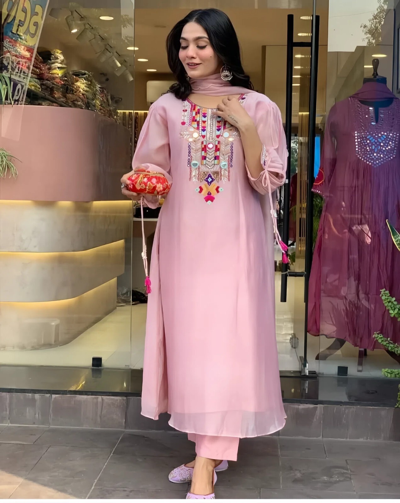 Chanderi Suit Set with Palazzo, Traditional Ethnic Wear With Tassel Details