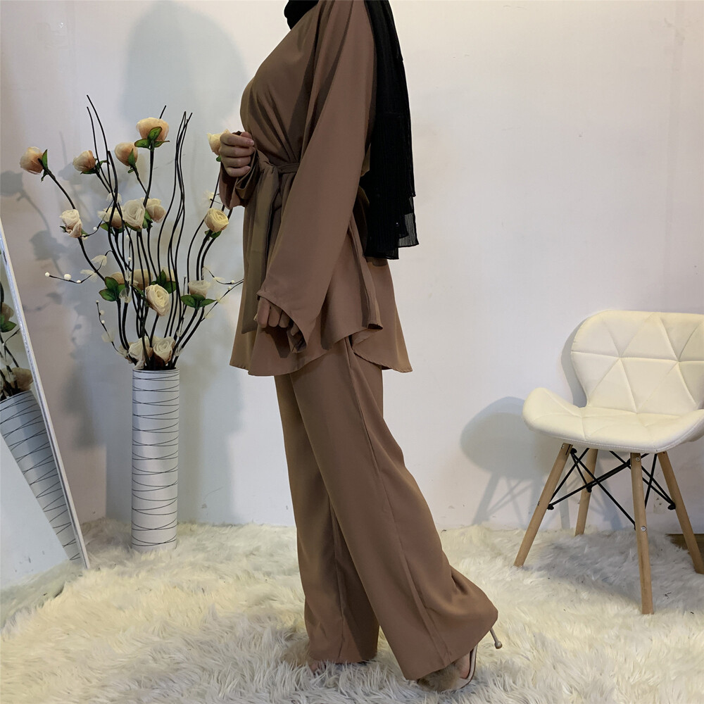 Muslim Long Sleeve Top Pant 2pcs Set Abaya Women Kaftan Dress Islamic Clothing