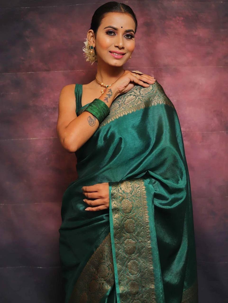 Traditional Green Lichi Silk Saree with Jacquard Zari Border and Blouse indian