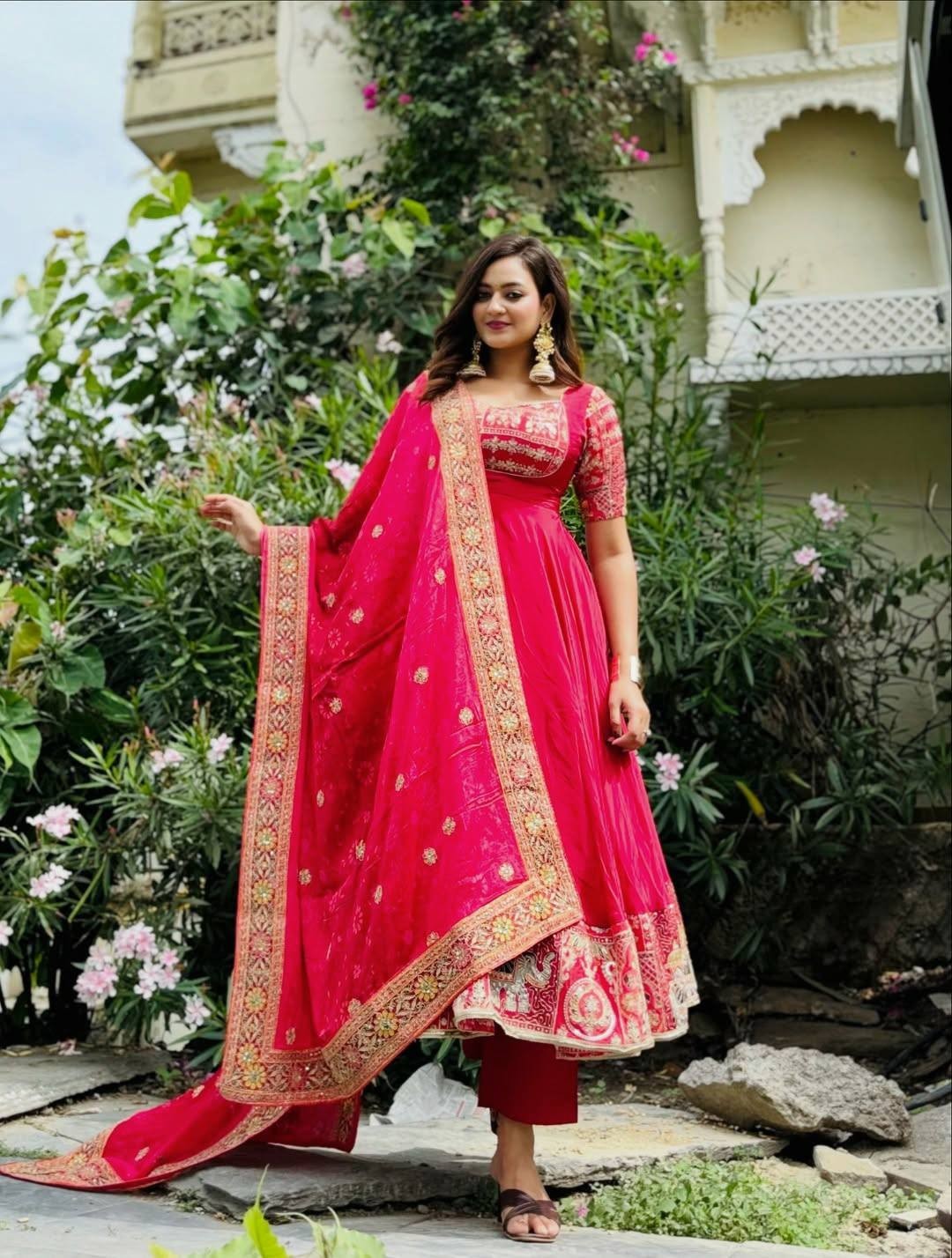 Stunning Heavy Natural Crep Silk Pink Gown Bottom And Dupatta For Festive Wear
