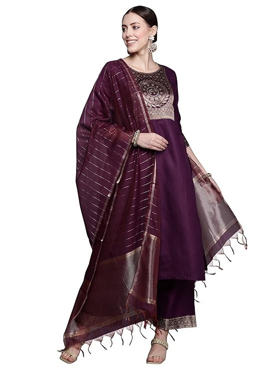 INDO ERA Women’s Cotton Yoke Design Straight Kurta Pant with Dupatta Set