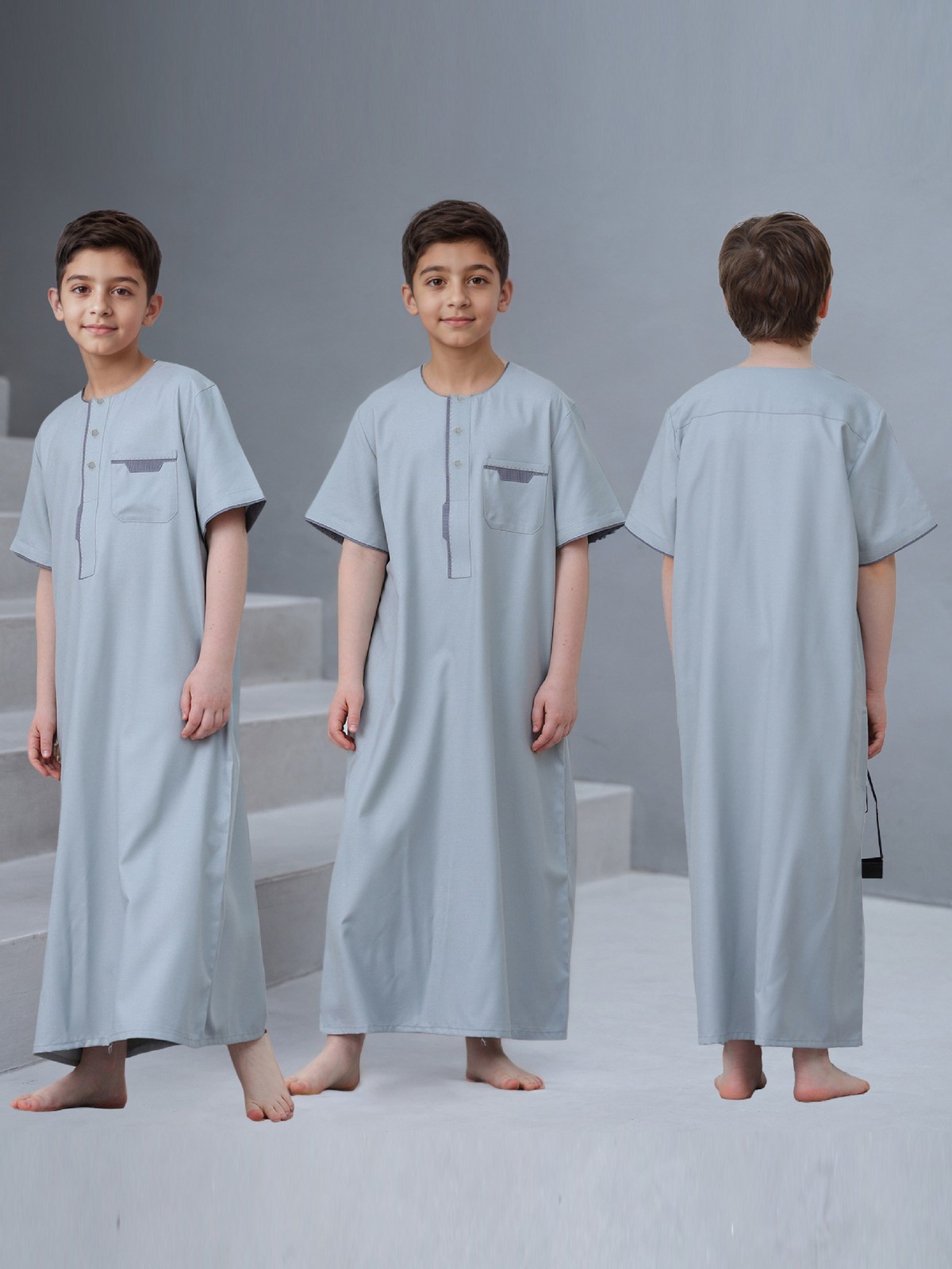 Muslim Boys Short Sleeve Jubba Thobe Embroidered Dress Islamic Abaya Robe Dubai