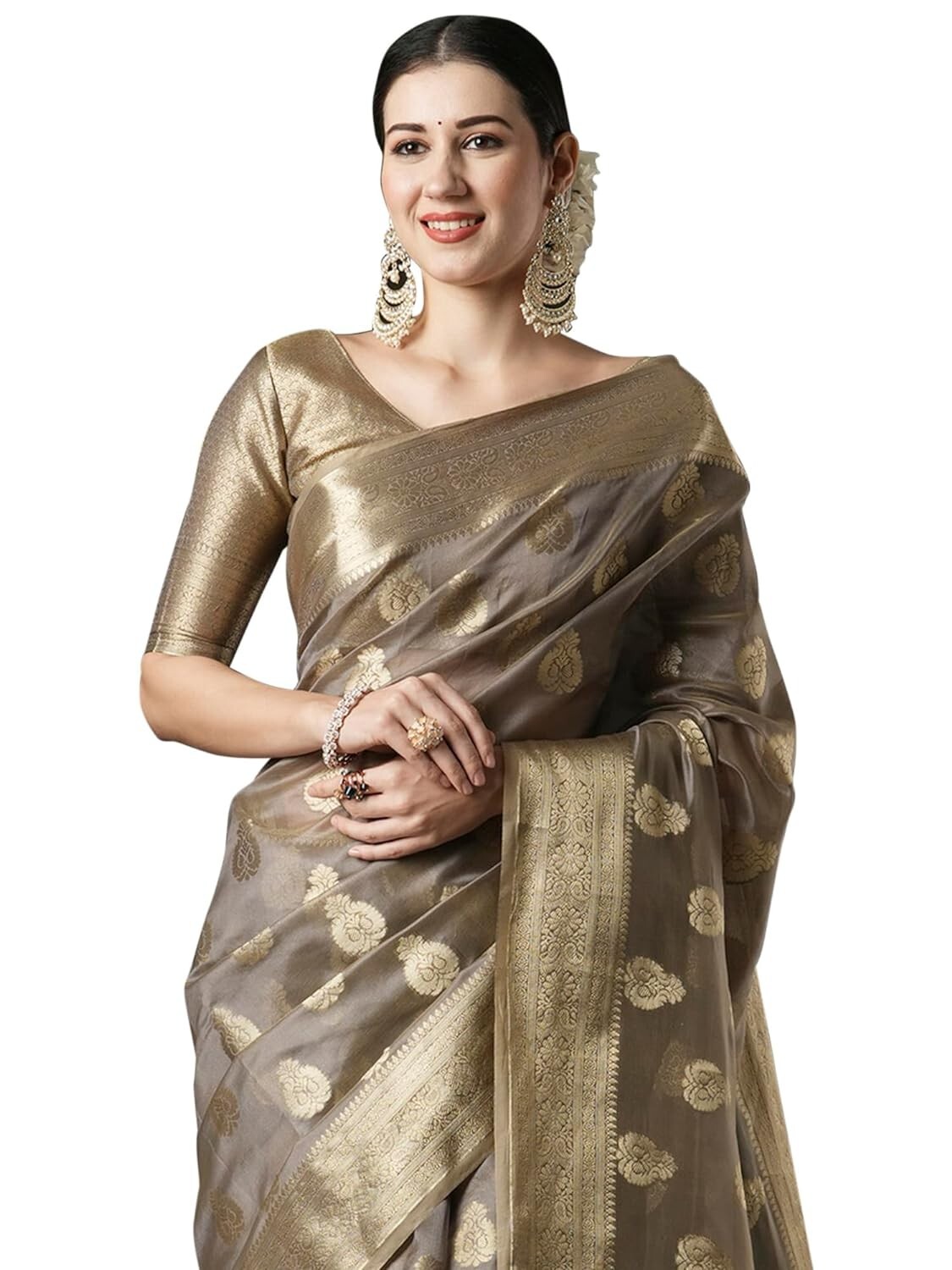 Women’s Organza Ethnic Motif Woven Design Saree With Unstitched Blouse Piece