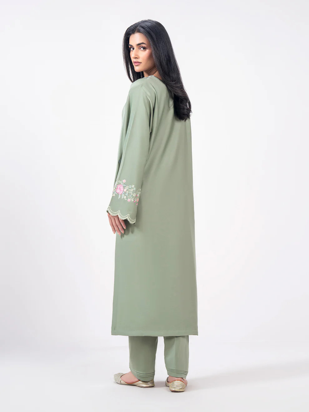 Pakistani Sage Green 2 Pcs shamooz Silk Dress with light thread embroidery ,L
