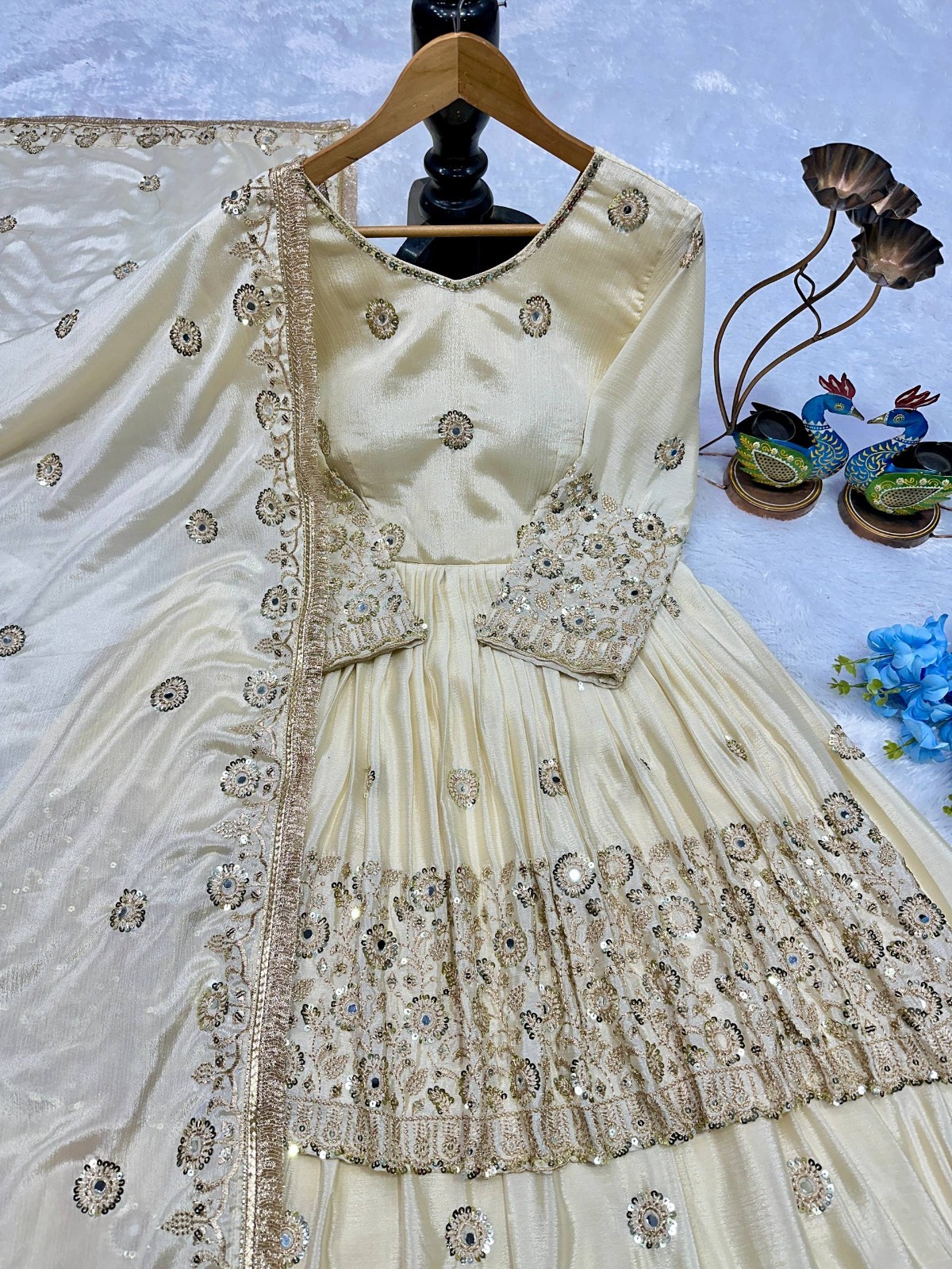Ethnic Designer Off White Chinnon Silk Top Lehenga With Dupatta For Women