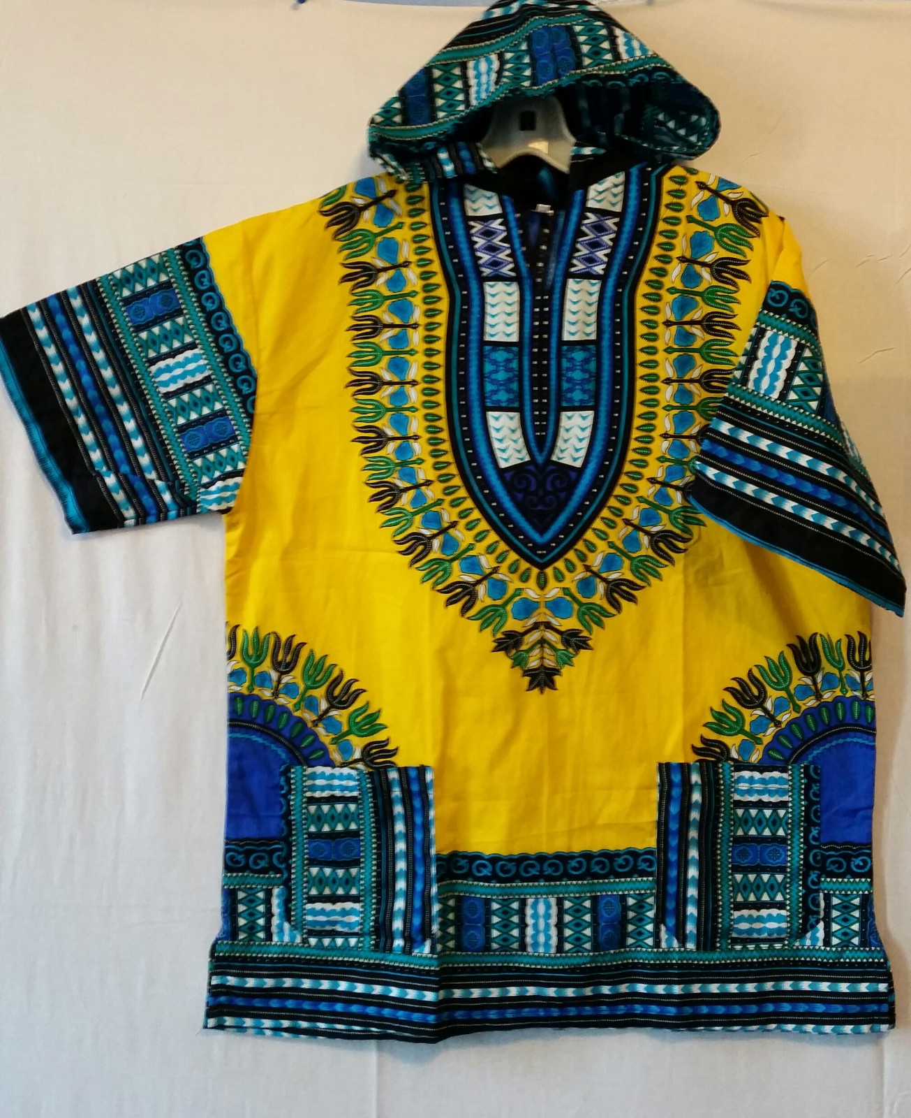 Men Women African Dashiki Hoodie Top W/ Hood Traditional Blouse Yellow S M L XL