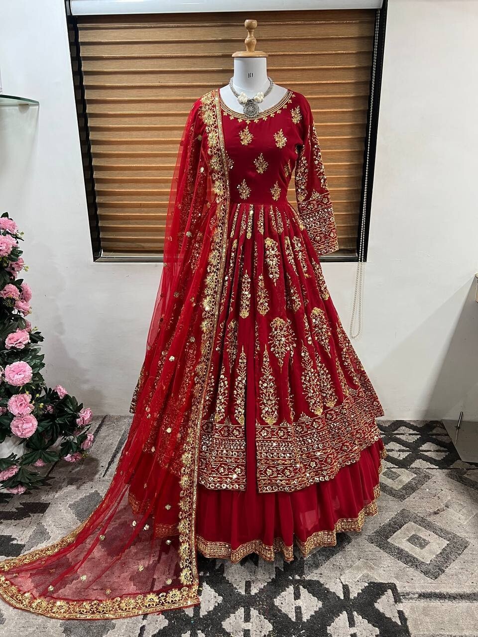 DESIGNER RED HEAVY FAUX GEORGETTE TOP LEHENGA WITH NET DUPATTA FOR WEDDING