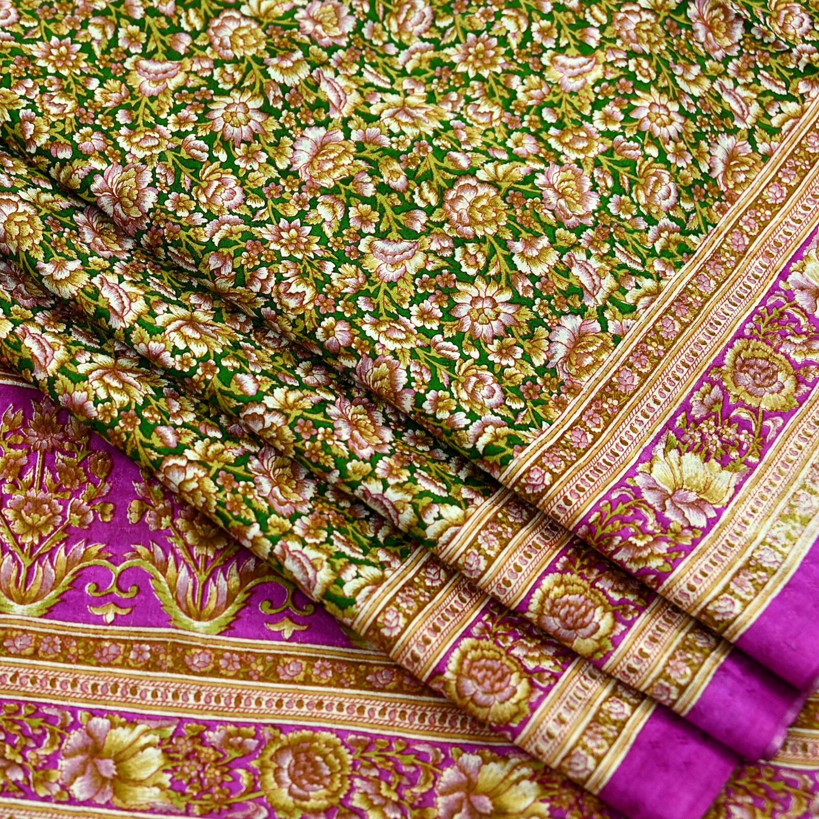 Vintage Sari Purple & Green Pure Silk Printed Saree Craft Fabric 6yd Sewing Soft