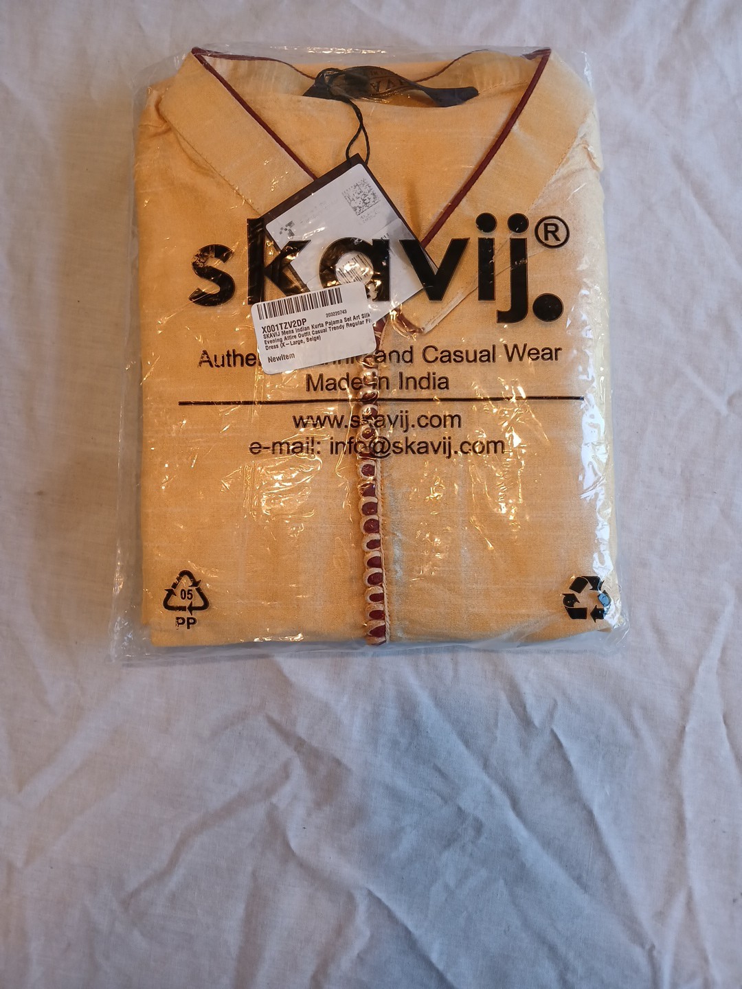 New SKAVIJ Men’s Kurta Pajama Set Evening Outfit Size XL Beige Made In India