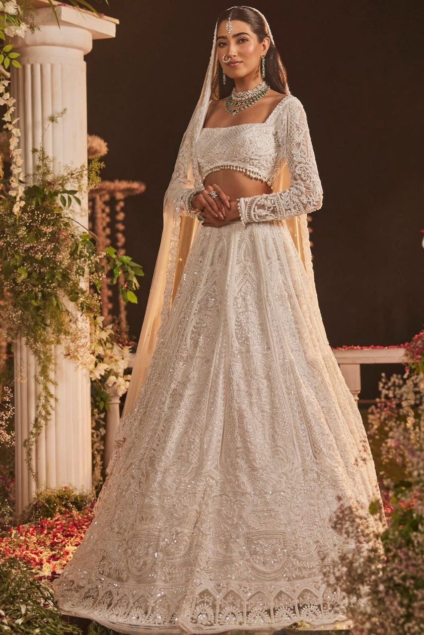 Latest Designer White Soft Butterfly Net Lehenga Choli With Dupatta For Wedding