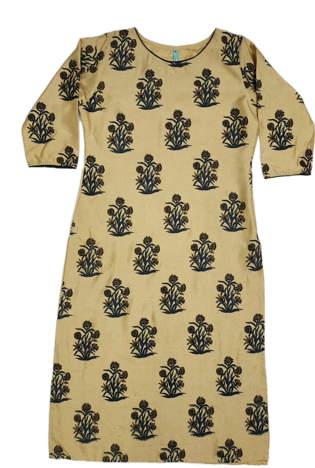 Fanasya M Indian Tunic Gold Floral Janasya Straight Kurta 3/4 Sleeves Round Neck